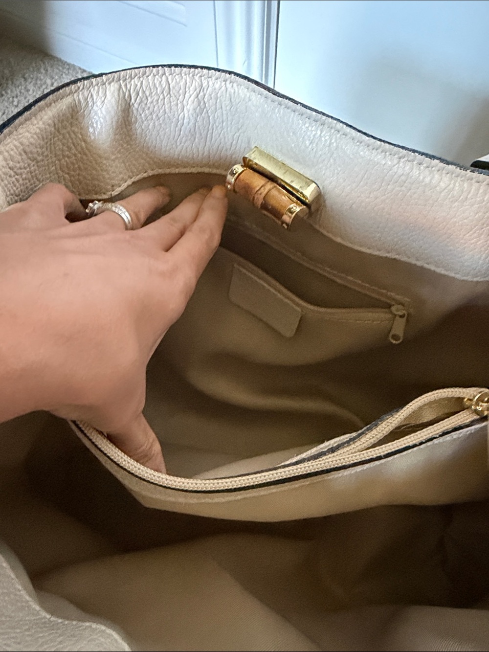 Cream Leather Tote with Bamboo Top Handles - Picture 4 of 8